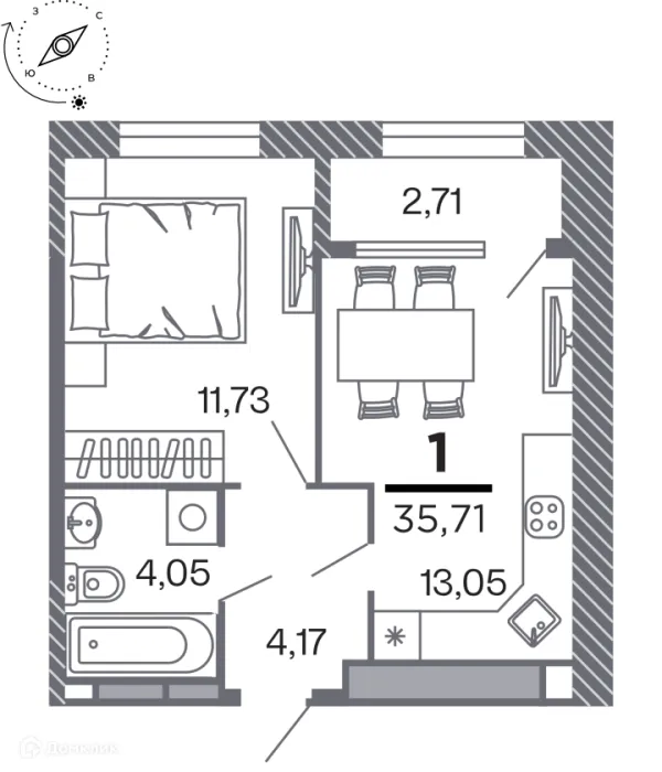 Планировка 1 комн. в Кипарис (Дом на Быстрецкой)