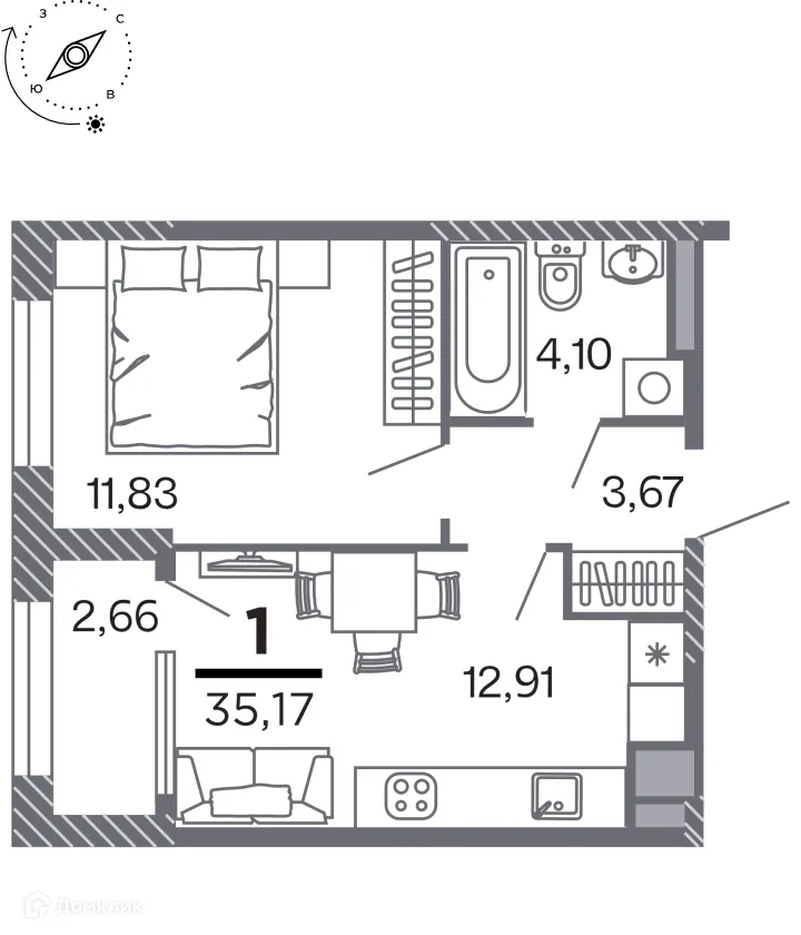 Планировка 1-комнатной квартиры 35.17 м² в Кипарис (Дом на Быстрецкой), г. Рязань — фото 1