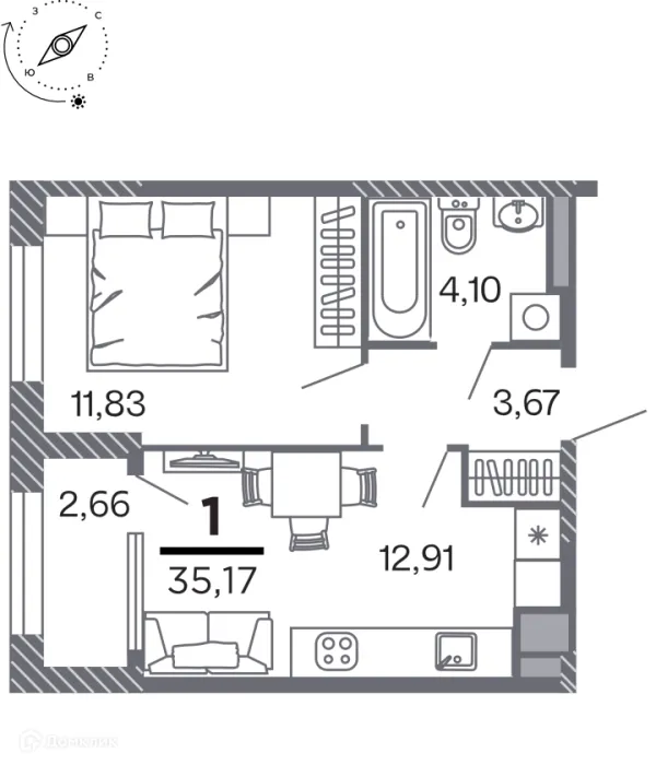 Планировка 1 комн. в Кипарис (Дом на Быстрецкой)