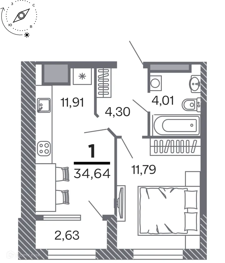 Планировка 1-комнатной квартиры 34.64 м² в Кипарис (Дом на Быстрецкой), г. Рязань — фото 1