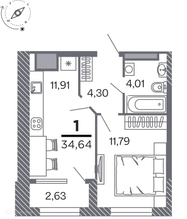 Планировка 1 комн. в Кипарис (Дом на Быстрецкой)
