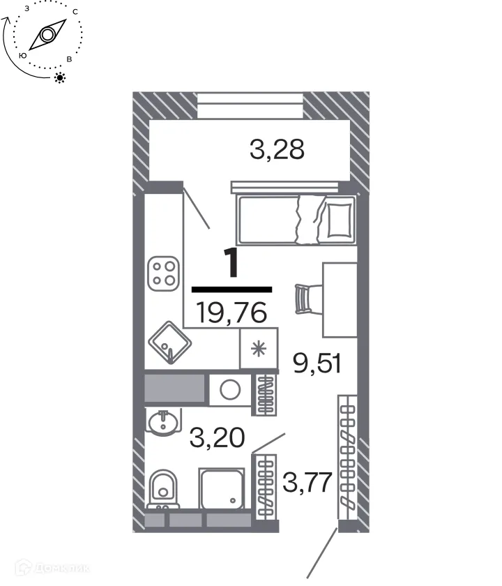 Планировка студии квартиры 19.76 м² в Кипарис (Дом на Быстрецкой), г. Рязань — фото 1