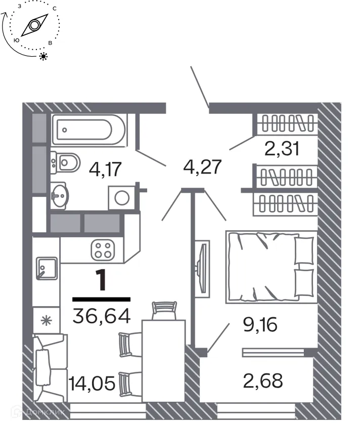 Планировка 1-комнатной квартиры 36.64 м² в Кипарис (Дом на Быстрецкой), г. Рязань — фото 1