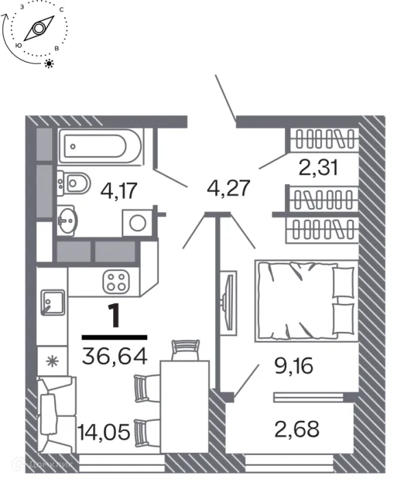 Планировка 1 комн. в Кипарис (Дом на Быстрецкой)