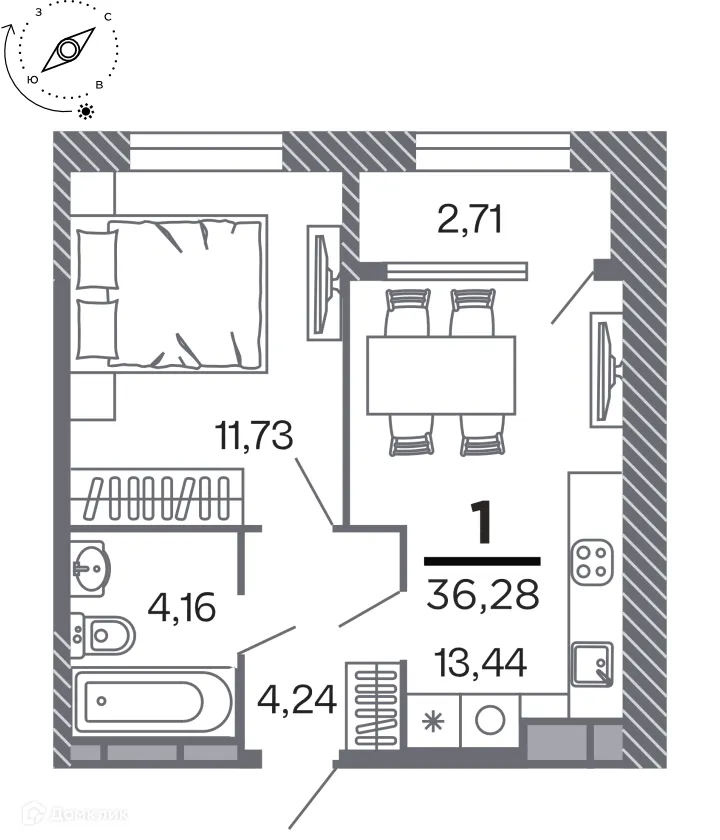 Планировка 1-комнатной квартиры 36.28 м² в Кипарис (Дом на Быстрецкой), г. Рязань — фото 1