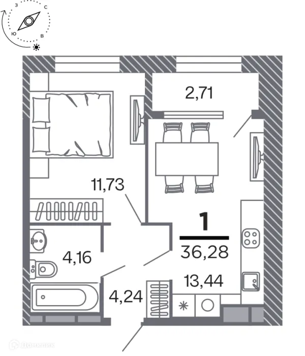 Планировка 1 комн. в Кипарис (Дом на Быстрецкой)