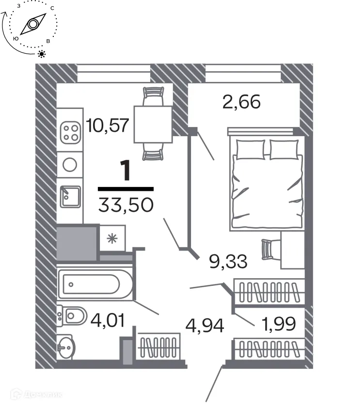 Планировка 1-комнатной квартиры 33.5 м² в Кипарис (Дом на Быстрецкой), г. Рязань — фото 1