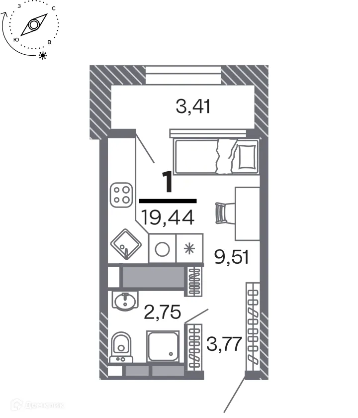 Планировка студии квартиры 19.44 м² в Кипарис (Дом на Быстрецкой), г. Рязань — фото 1