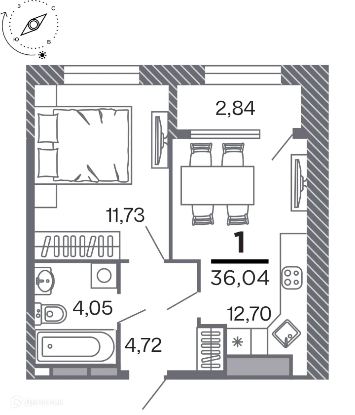Планировка 1-комнатной квартиры 36.04 м² в Кипарис (Дом на Быстрецкой), г. Рязань — фото 1