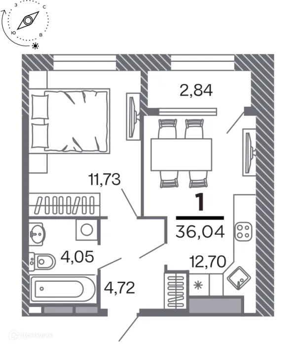 Планировка 1 комн. в Кипарис (Дом на Быстрецкой)