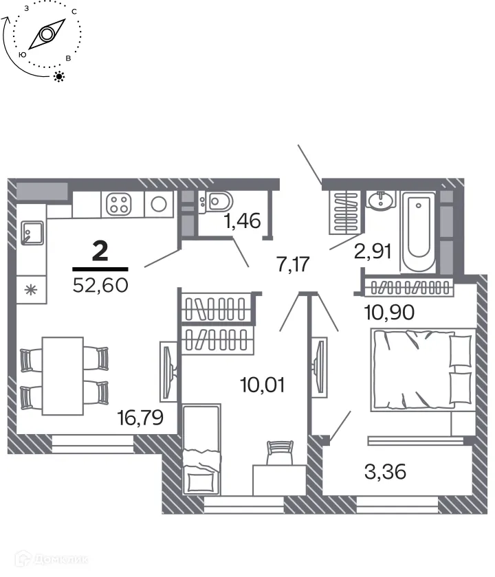 Планировка 2-комнатной квартиры 52.6 м² в Кипарис (Дом на Быстрецкой), г. Рязань — фото 1