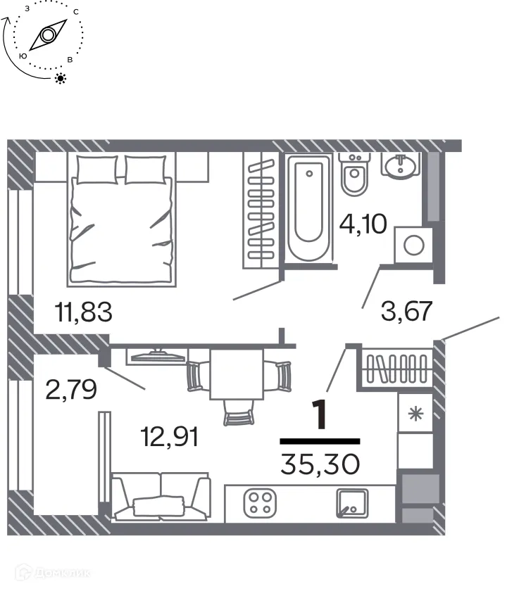 Планировка 1-комнатной квартиры 35.3 м² в Кипарис (Дом на Быстрецкой), г. Рязань — фото 1