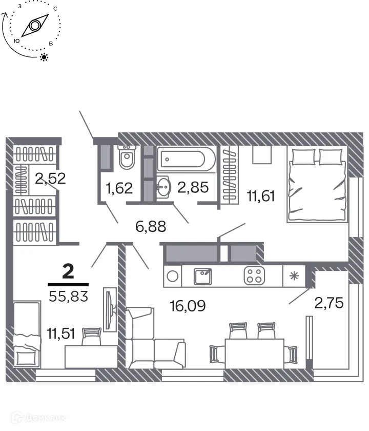 Планировка 2-комнатной квартиры 55.83 м² в Кипарис (Дом на Быстрецкой), г. Рязань — фото 1