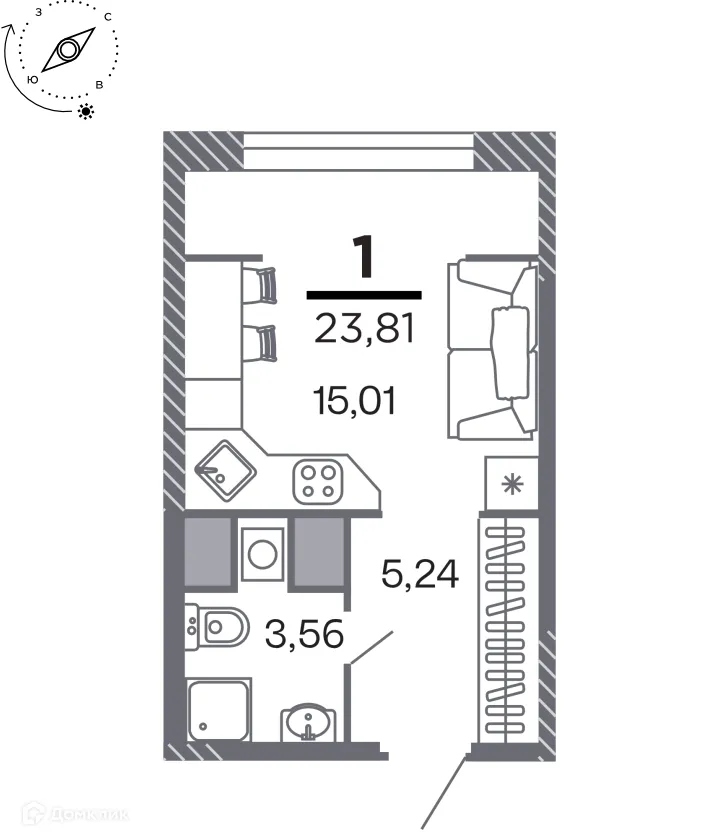 Планировка студии квартиры 23.81 м² в Кипарис (Дом на Быстрецкой), г. Рязань — фото 1