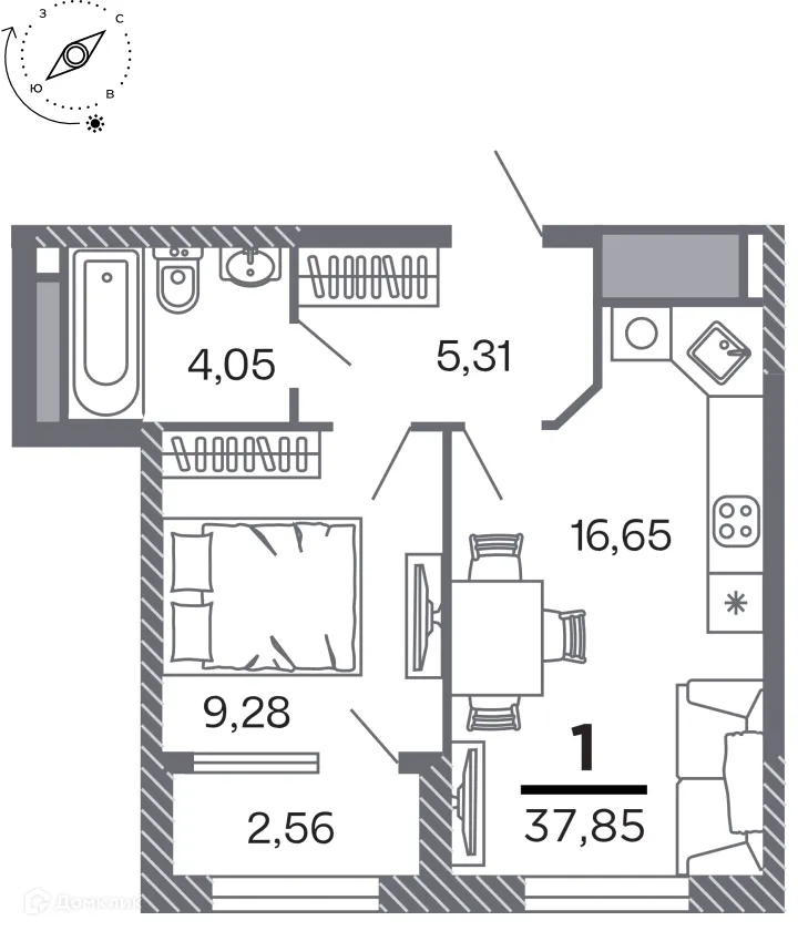 Планировка 1-комнатной квартиры 37.85 м² в Кипарис (Дом на Быстрецкой), г. Рязань — фото 1