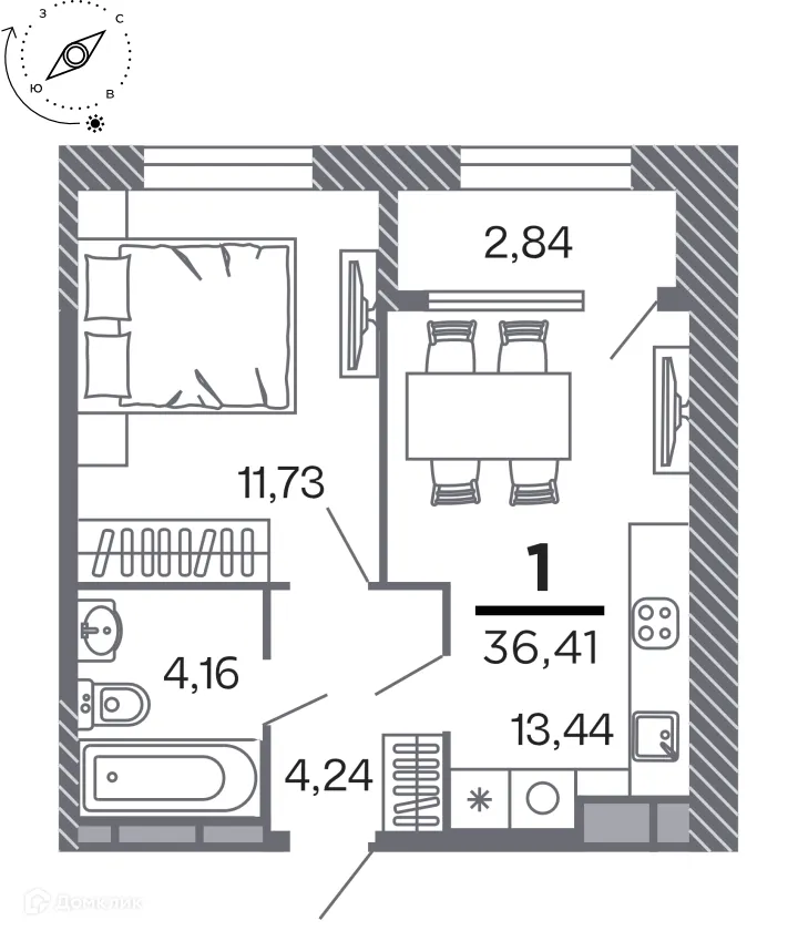 Планировка 1-комнатной квартиры 36.41 м² в Кипарис (Дом на Быстрецкой), г. Рязань — фото 1