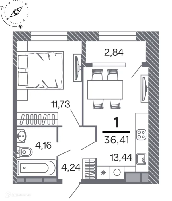 Планировка 1 комн. в Кипарис (Дом на Быстрецкой)