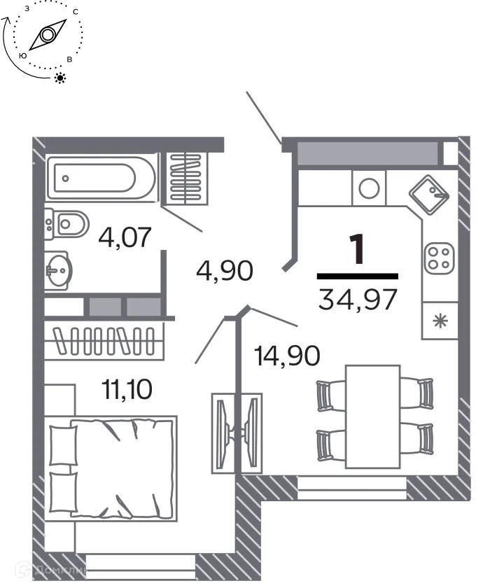 Планировка 1-комнатной квартиры 34.97 м² в Кипарис (Дом на Быстрецкой), г. Рязань — фото 1