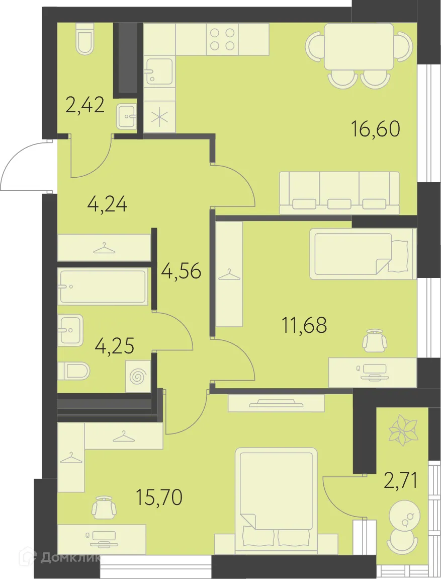 Планировка 2-комнатной квартиры 60.81 м² в ЖК Новая Олимпика, г. Екатеринбург — фото 1