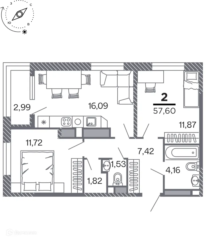 Планировка 2-комнатной квартиры 57.6 м² в Кипарис (Дом на Быстрецкой), г. Рязань — фото 1