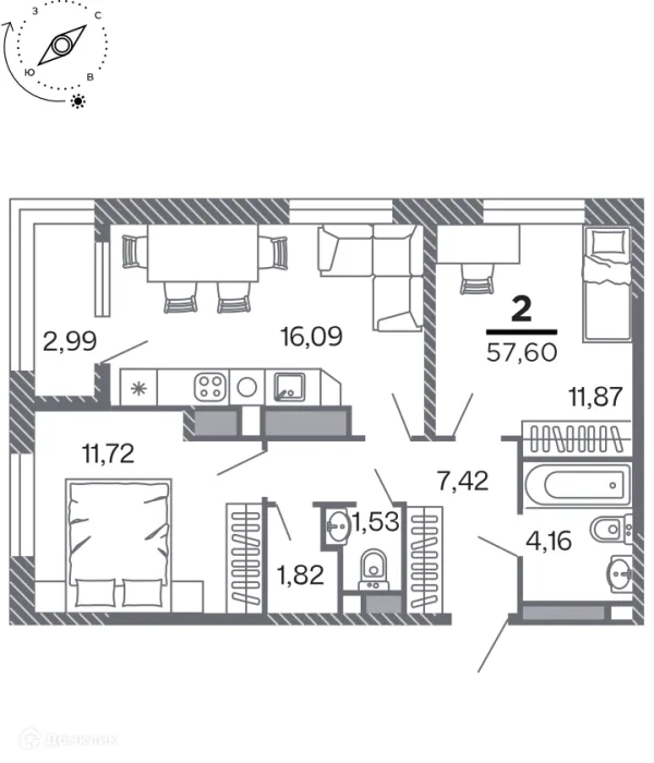 Планировка 2 комн. в Кипарис (Дом на Быстрецкой)