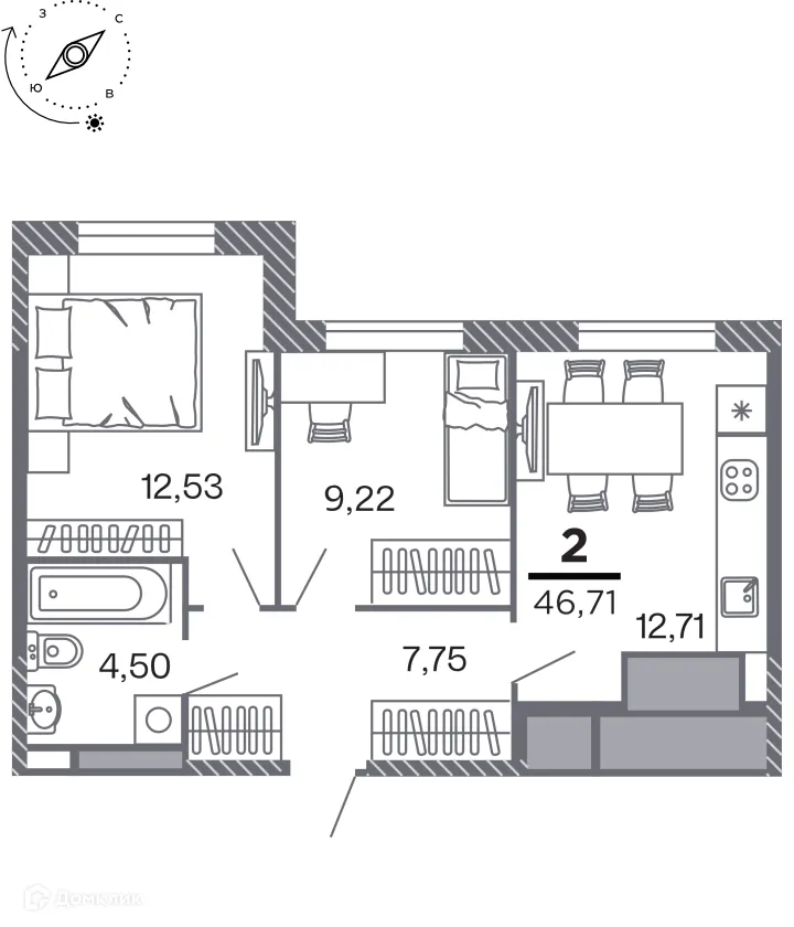 Планировка 2-комнатной квартиры 46.71 м² в Кипарис (Дом на Быстрецкой), г. Рязань — фото 1