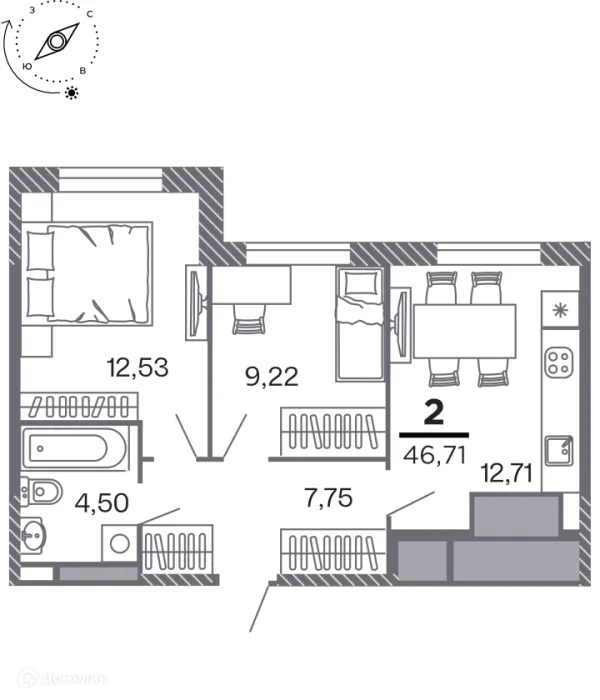 Планировка 2 комн. в Кипарис (Дом на Быстрецкой)