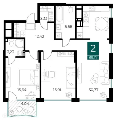 Планировка 2-комнатной квартиры 89.17 м² в ЖК Арт-кварталы, г. Рязань — фото 1
