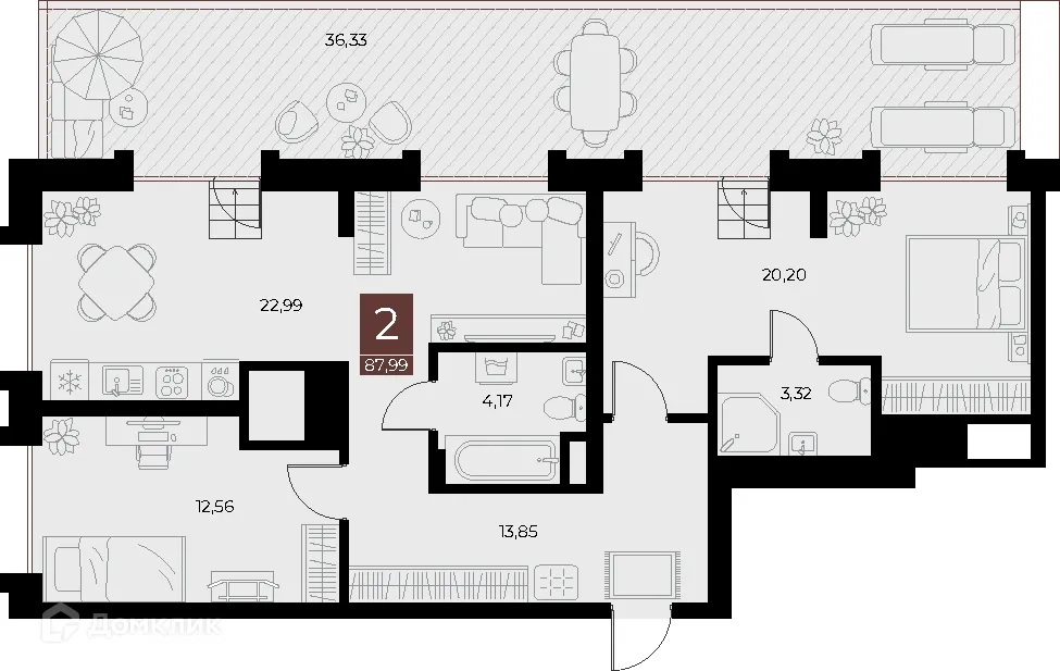 Планировка 2-комнатной квартиры 87.99 м² в ЖК «Галерея», г. Рязань — фото 1