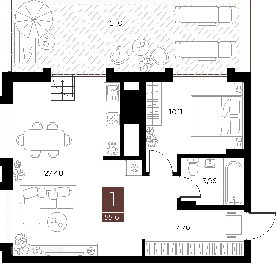 Планировка 1-комнатной квартиры 55.61 м² в ЖК «Галерея», г. Рязань — фото 1