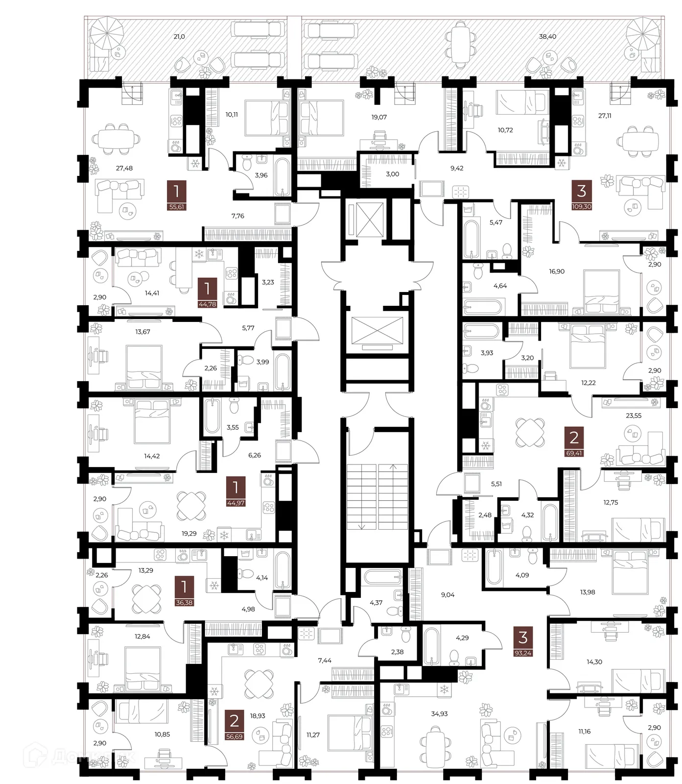 Планировка 1-комнатной квартиры 55.61 м² в ЖК «Галерея», г. Рязань — фото 2