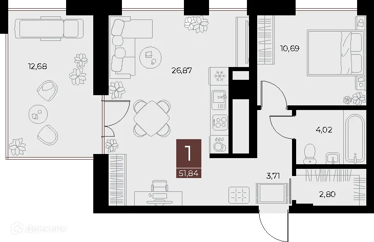 Планировка 1-комнатной квартиры 51.84 м² в ЖК «Галерея», г. Рязань — фото 1