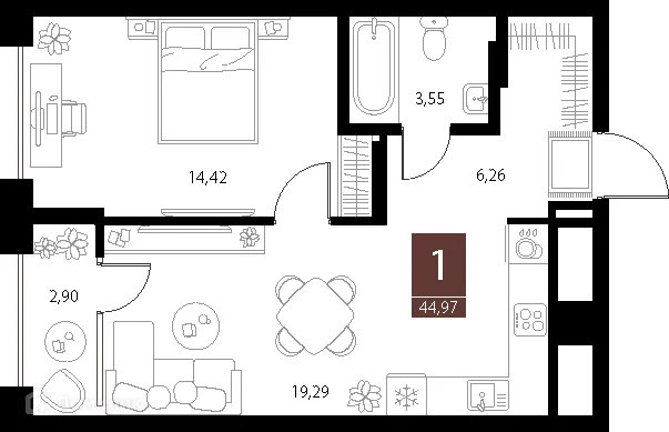 Планировка 1-комнатной квартиры 44.97 м² в ЖК «Галерея», г. Рязань — фото 1