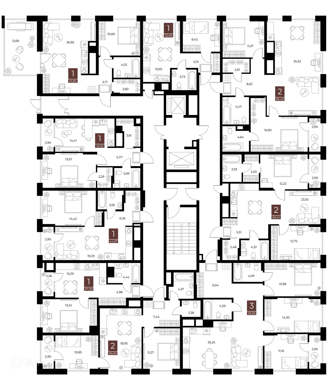 Планировка 1-комнатной квартиры 44.97 м² в ЖК «Галерея», г. Рязань — фото 2