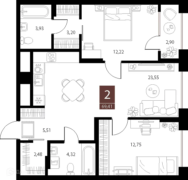 Планировка 2-комнатной квартиры 69.41 м² в ЖК «Галерея», г. Рязань — фото 1
