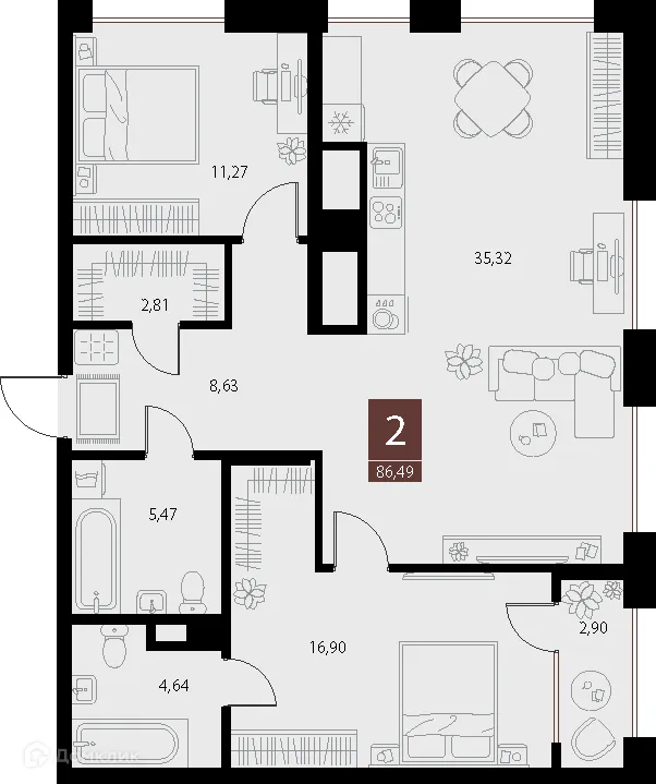 Планировка 2-комнатной квартиры 86.49 м² в ЖК «Галерея», г. Рязань — фото 1