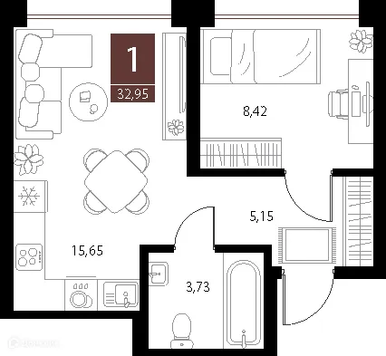 Планировка 1-комнатной квартиры 32.95 м² в ЖК «Галерея», г. Рязань — фото 1