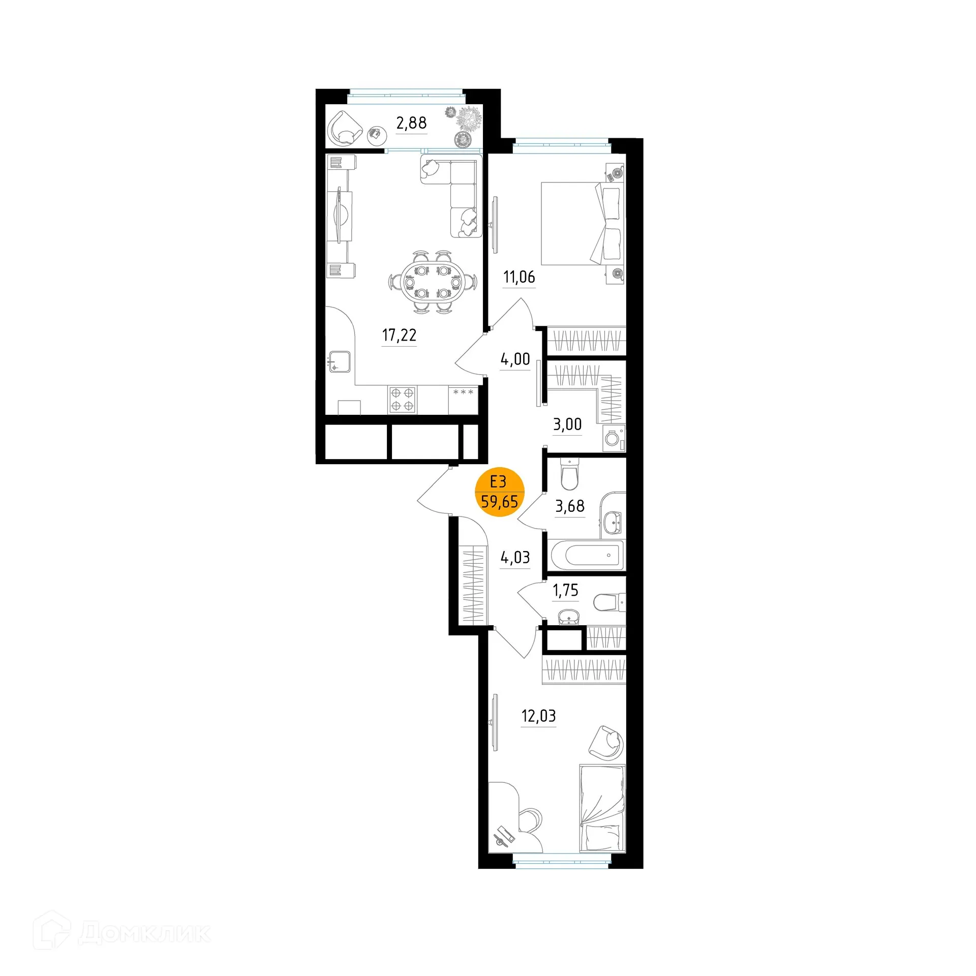 Планировка 2-комнатной квартиры 59.65 м² в ЖК Смарт Квартал ЦЕНТРАЛЬНЫЙ, г. Рязань — фото 1
