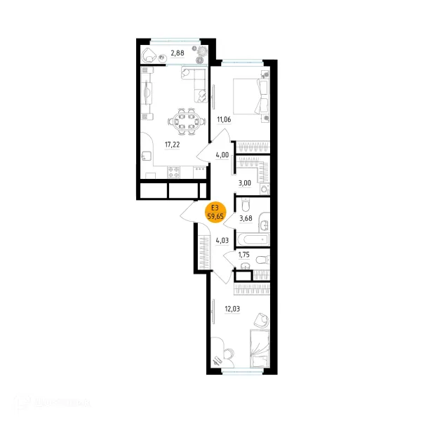 Планировка 2 комн. в ЖК Смарт Квартал ЦЕНТРАЛЬНЫЙ