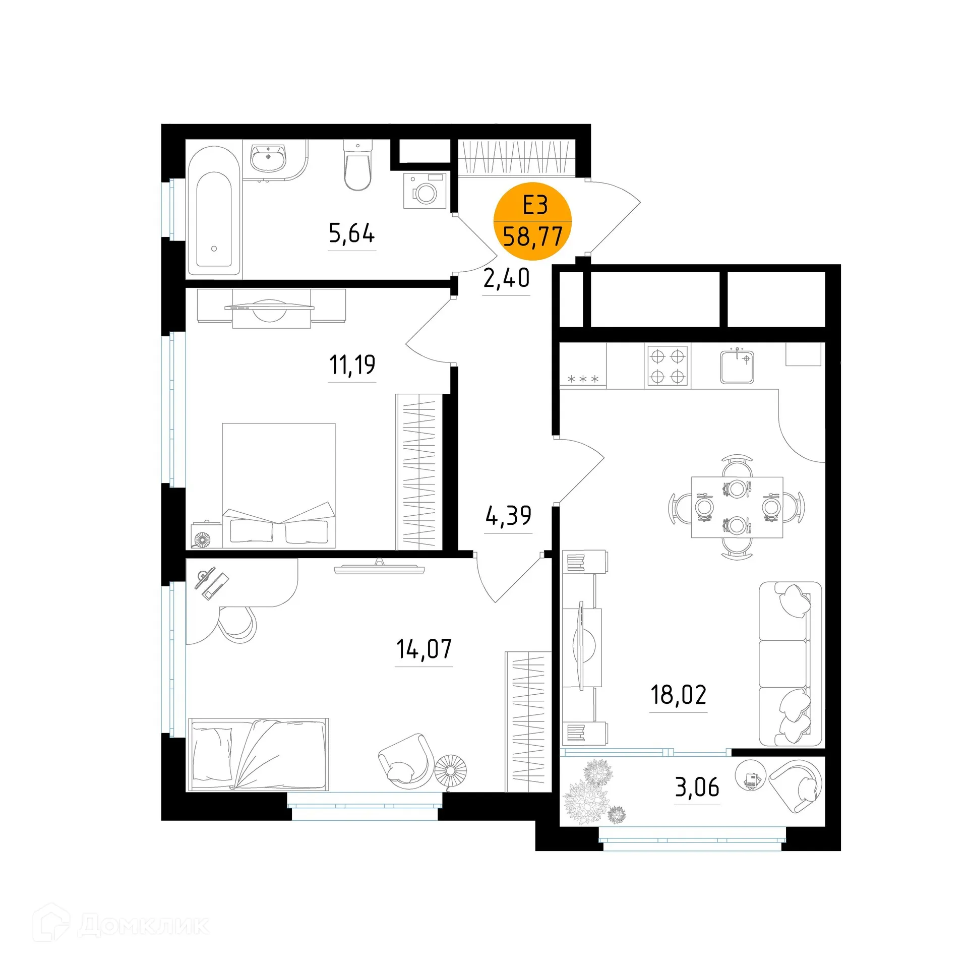Планировка 2-комнатной квартиры 58.77 м² в ЖК Смарт Квартал ЦЕНТРАЛЬНЫЙ, г. Рязань — фото 1