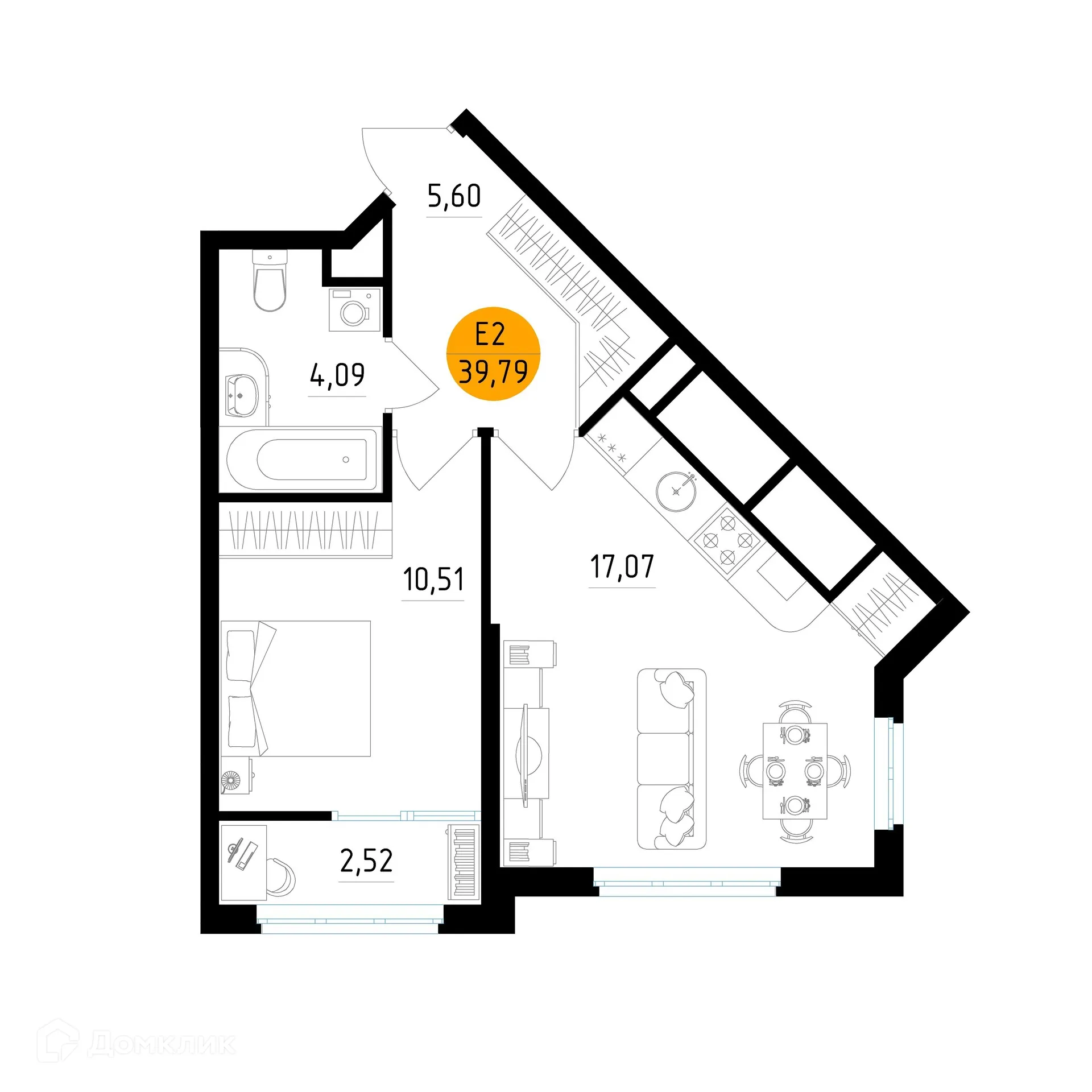 Планировка 1-комнатной квартиры 39.79 м² в ЖК Смарт Квартал ЦЕНТРАЛЬНЫЙ, г. Рязань — фото 1