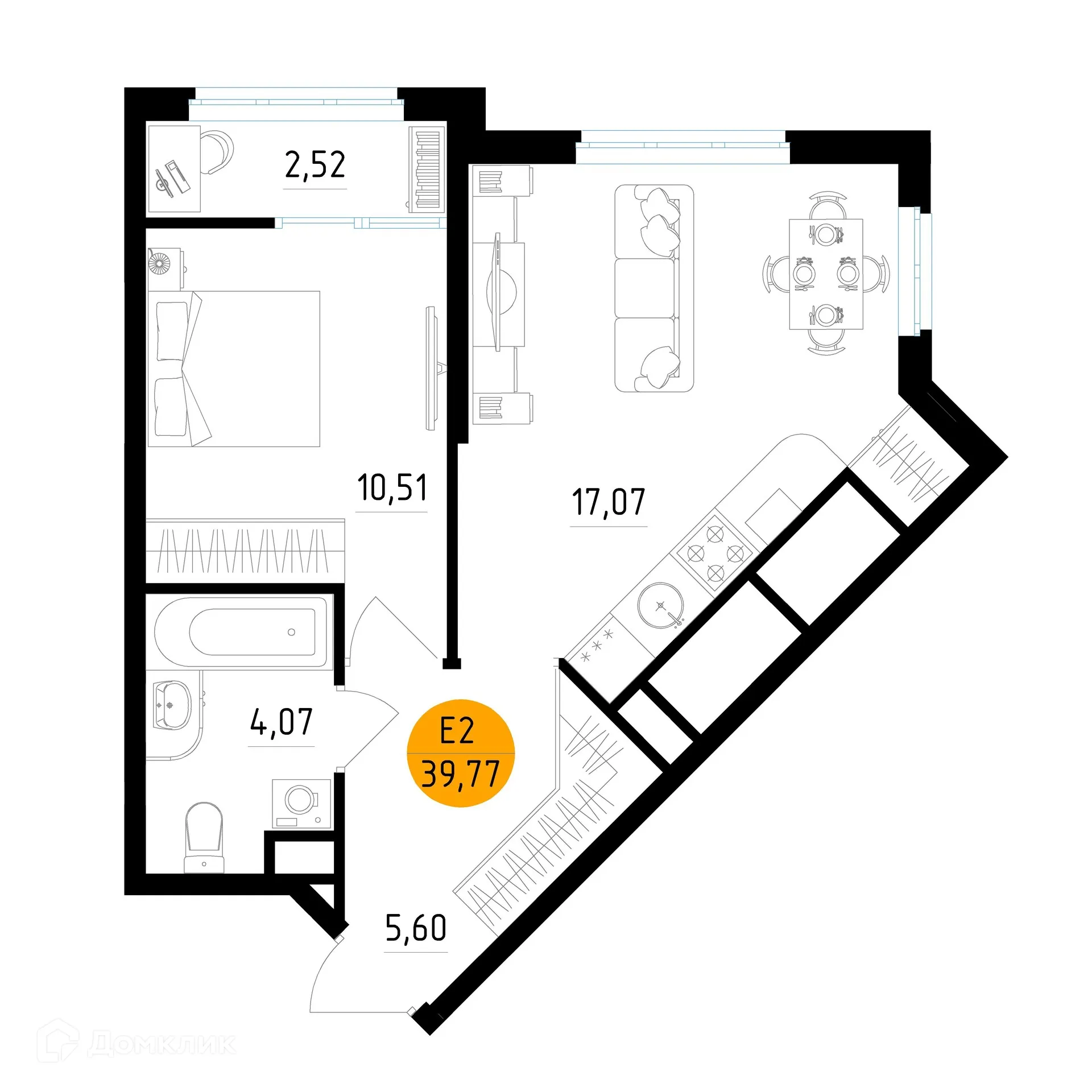 Планировка 1-комнатной квартиры 39.77 м² в ЖК Смарт Квартал ЦЕНТРАЛЬНЫЙ, г. Рязань — фото 1