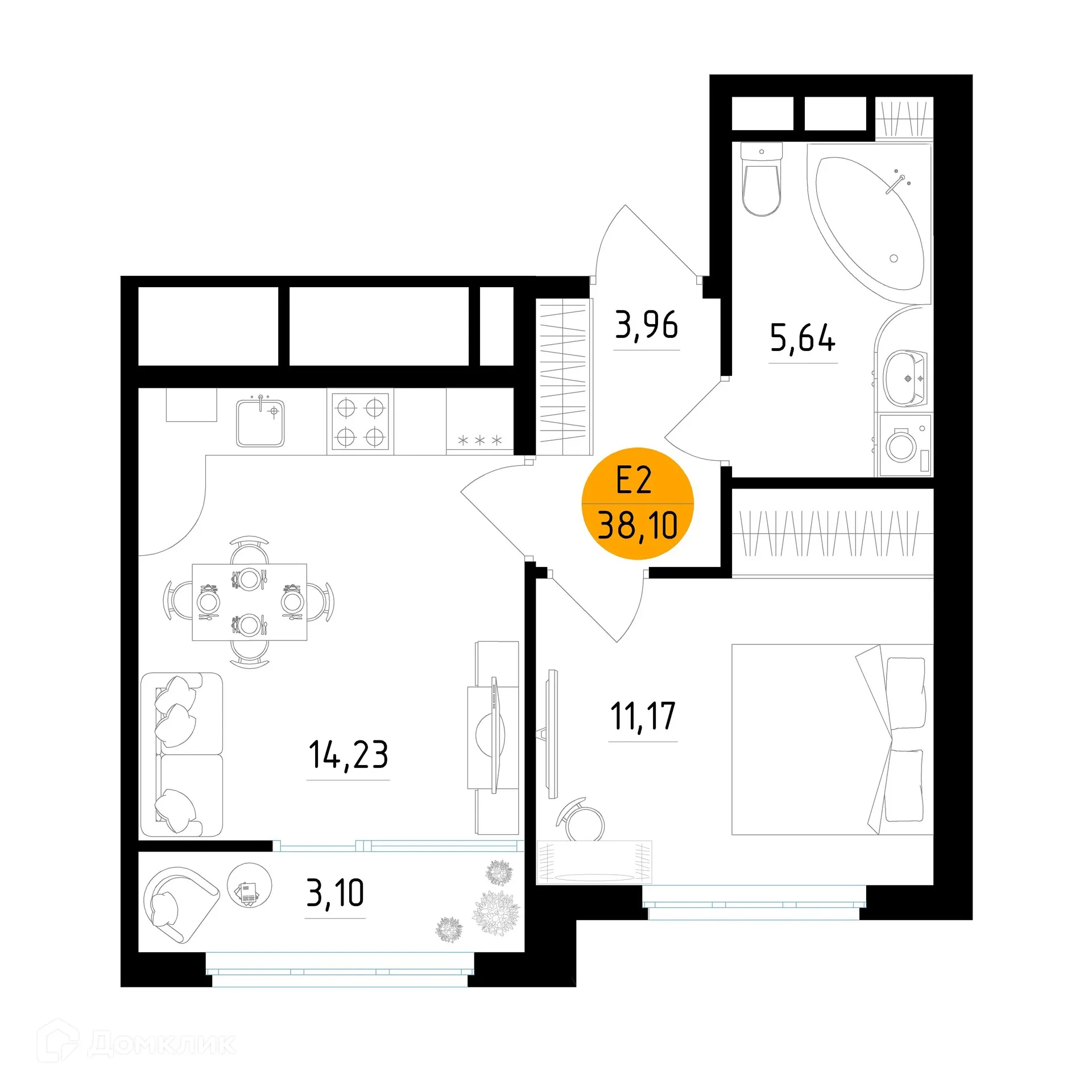 Планировка 1-комнатной квартиры 38.1 м² в ЖК Смарт Квартал ЦЕНТРАЛЬНЫЙ, г. Рязань — фото 1