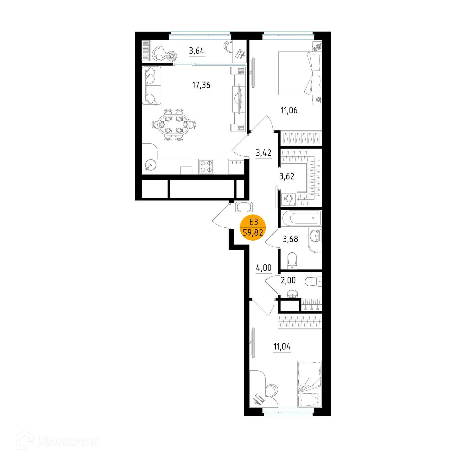 Планировка 2-комнатной квартиры 59.82 м² в ЖК Смарт Квартал ЦЕНТРАЛЬНЫЙ, г. Рязань — фото 1