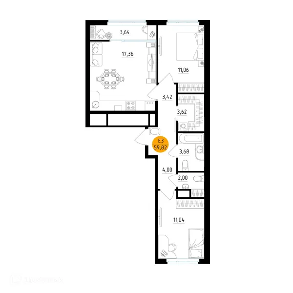 Планировка 2 комн. в ЖК Смарт Квартал ЦЕНТРАЛЬНЫЙ