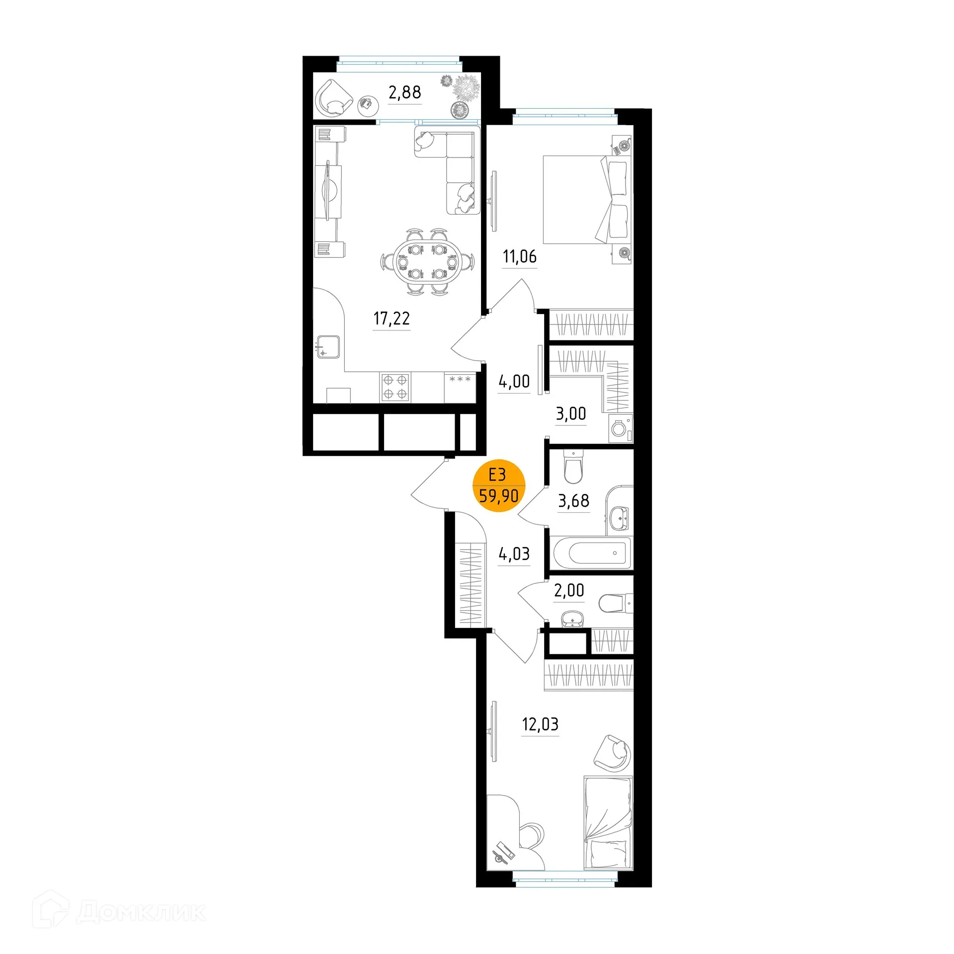 Планировка 2-комнатной квартиры 59.9 м² в ЖК Смарт Квартал ЦЕНТРАЛЬНЫЙ, г. Рязань — фото 1
