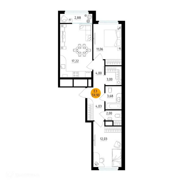 Планировка 2 комн. в ЖК Смарт Квартал ЦЕНТРАЛЬНЫЙ