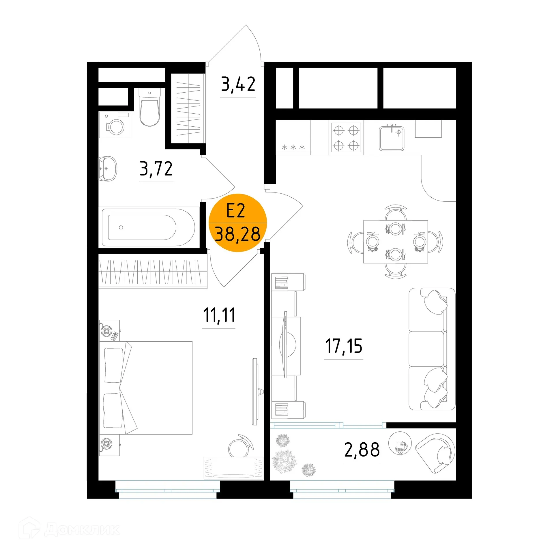 Планировка 1-комнатной квартиры 38.28 м² в ЖК Смарт Квартал ЦЕНТРАЛЬНЫЙ, г. Рязань — фото 1