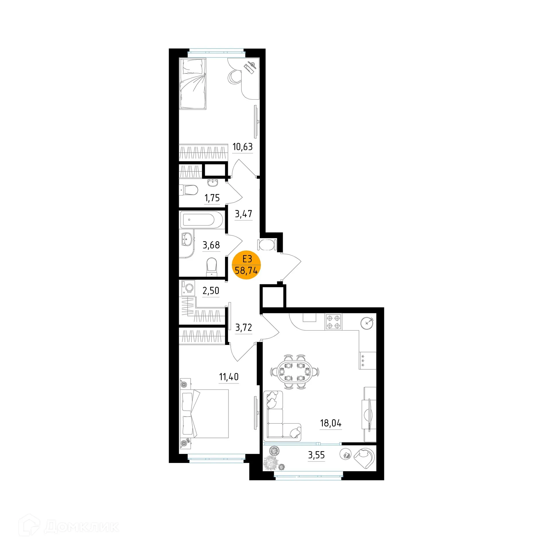 Планировка 2-комнатной квартиры 58.74 м² в ЖК Смарт Квартал ЦЕНТРАЛЬНЫЙ, г. Рязань — фото 1