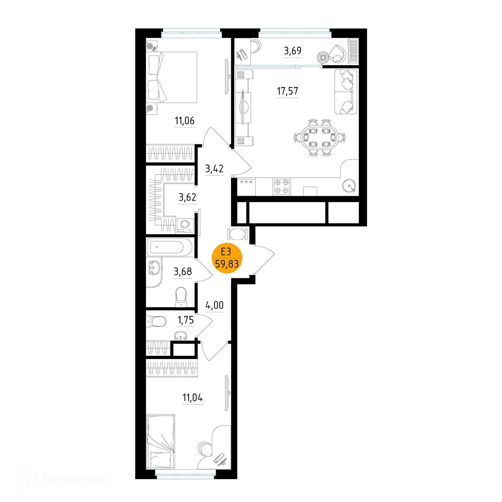 Планировка 2-комнатной квартиры 59.83 м² в ЖК Смарт Квартал ЦЕНТРАЛЬНЫЙ, г. Рязань — фото 1